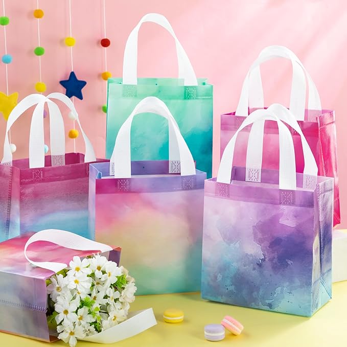 Wesnoy 18 Pcs Tie Dye Woven Gift Bags with Handles Reusable Party Favor Goodie Bags Bulk, Spring Rainbow Color Tote for Women Wedding Birthday Bridal Shower Decoration