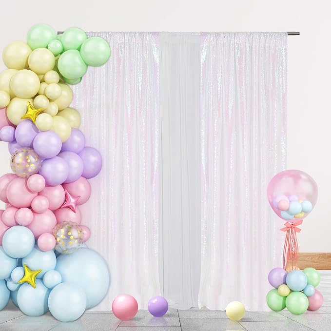 PartyDelight Iridescent White Sequin Backdrop Curtains 2x8ft 2 Panels | Iridescent white 3mm sequins show pink and purple tones under light with 4 inch rod pocket for doors windows and photo booths