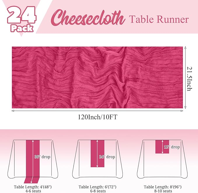 24 Pack Hot Pink Table Runner 10Ft Cheesecloth Table Runner Rustic Gauze Table Runners Romantic Long Sheer Fabric Cheese Cloth Table Runners for Wedding Party Bridal Baby Shower