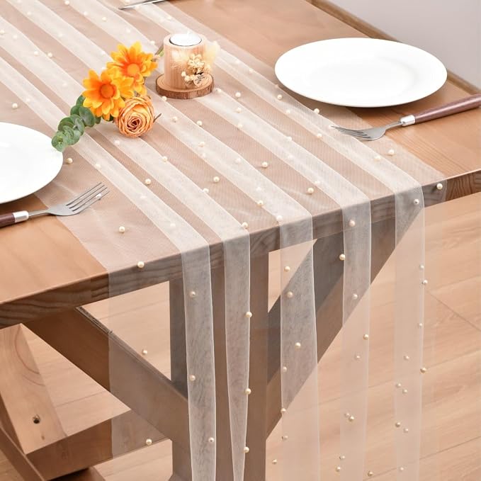 Light Peach Pearl Table Runner Boho Rustic Tulle Lace Dining Baby Shower Wedding Arch Decor Veil Dessert Holiday Centerpiece Table Decor 6pcs
