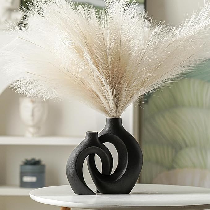 Lvases Snuggle Hollow Modern Ceramic Vase Set of 2, Mid Century Nordic Aesthetic Decorative Vase Decorative Vases for Home Table Decor (Matte Black W 6.3" X H 8.4")