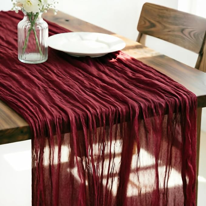 LINXTAR Burgundy Cheesecloth Table Runner 120 Inches 10Ft Gauze Summer Boho Table Runner for Wedding Tea Party Baby Shower Bridal Birthday Home Decoration