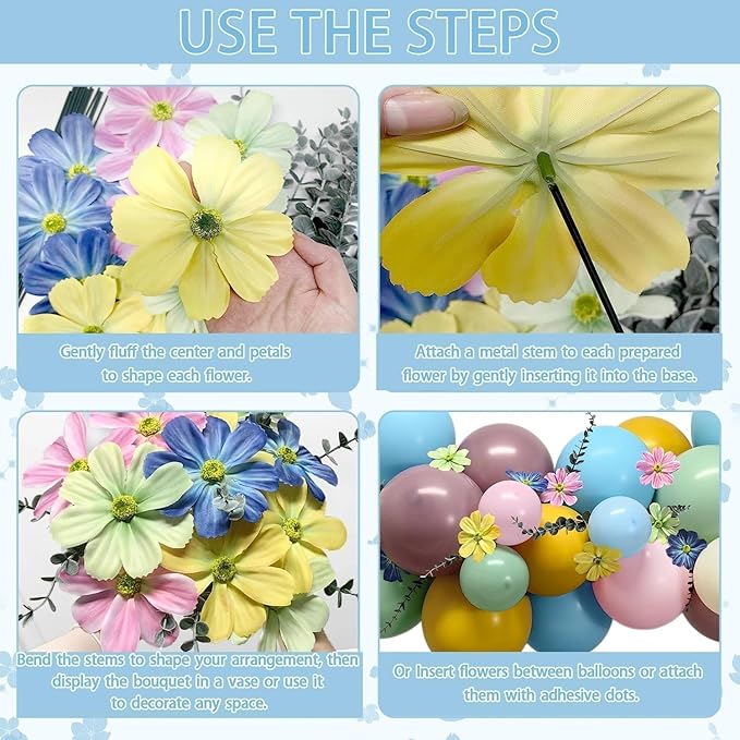Blue Green Pink Balloon Arch with Cosmos Kelsang Flowers Double Stuffed Pastel Green Purple Yellow Beige Balloons for Wildflower Baby Shower Easter Spring Tea Gender Reveal Bridal Party Decor