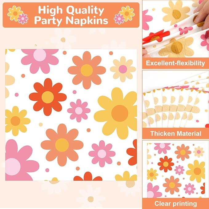Qyeahkj 50 Guests Groovy Daisy Plates and Napkins Party Supplies Boho Hippie Party Decorations Disposable Tableware Set Retro Hippie Daisy Dinnerware Favor for Birthday Baby Shower,200PCS
