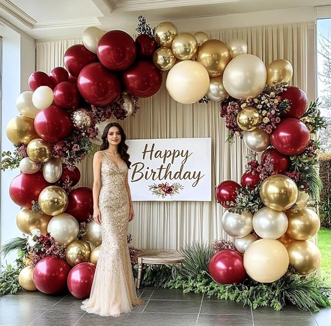 Burgundy Gold Balloons Garland Double Stuffed Wine Red Sand White Metallic Gold Latex Balloons Arch Kit for Bridal Wedding Mother's Day Anniversary Baby Shower Birthday Party Decorations