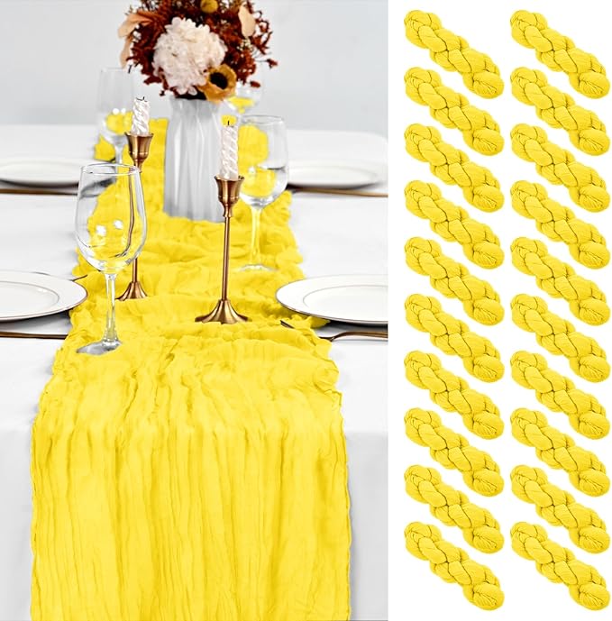 20 Pack Yellow Cheesecloth Table Runner 10Ft Boho Gauze Long Romantic Sheer Fabric for Wedding Party Bridal Shower