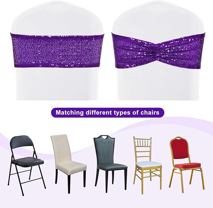 SquarePie Sequin Chair Sashes Bows 10 Pack Purple Shiny Chair Cover Bands for Wedding Banquet Party Decor