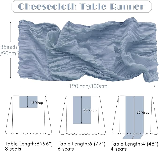 IVAPUPU 2 Pcs Cheesecloth Table Runner - 10ft Dusty Blue Spring Boho Gauze Cheese Cloth Table Runners for Baby Shower Decorations Wedding Party Garden Farmhouse