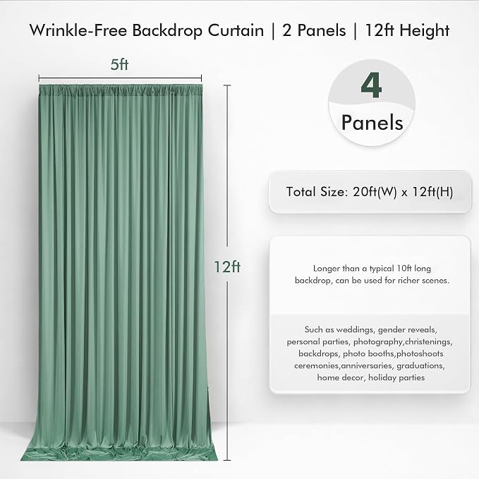 20ftx12ft Wrinkle Free Sage Green Backdrop Curtain Photo Backdrop Drapes | 4 Panels 5×12ft Height Sage Silky Polyester Fabric Back Drop Cloth for Wedding Party Birthday Photography Background Drape