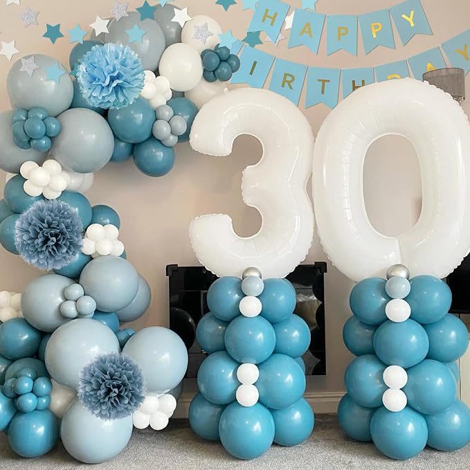 Blue Birthday Decorations - Blue Party Decor Balloons with Happy Birthday Banner Fringe Curtain Background Blue Pom Poms, Light Blue Birthday Decorations for Men Women