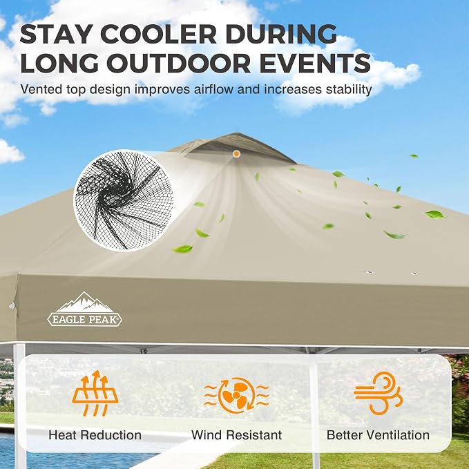 EAGLE PEAK Pop Up Canopy Tent with Wheeled Carry Bag, 8 Stakes, 4 Ropes, 4 Weight Bags, Easy Set Up Tent Canopy, 10x10 ft, 100sqft of Shade, Light Beige