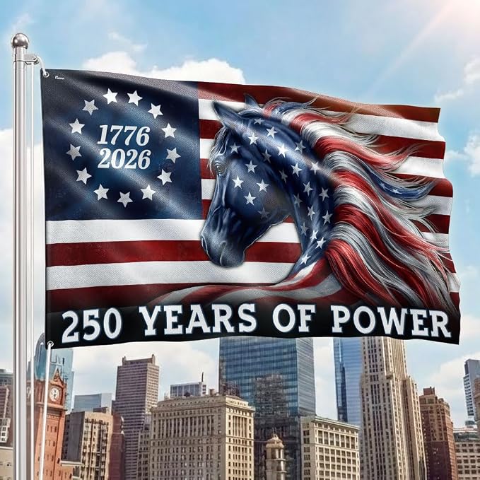 American Flag-250 Years of Power Flag, 1776 2026 Patriotic Horse Grommet Flag, 5x8 ft., Flag Only-USA Premium Polyester