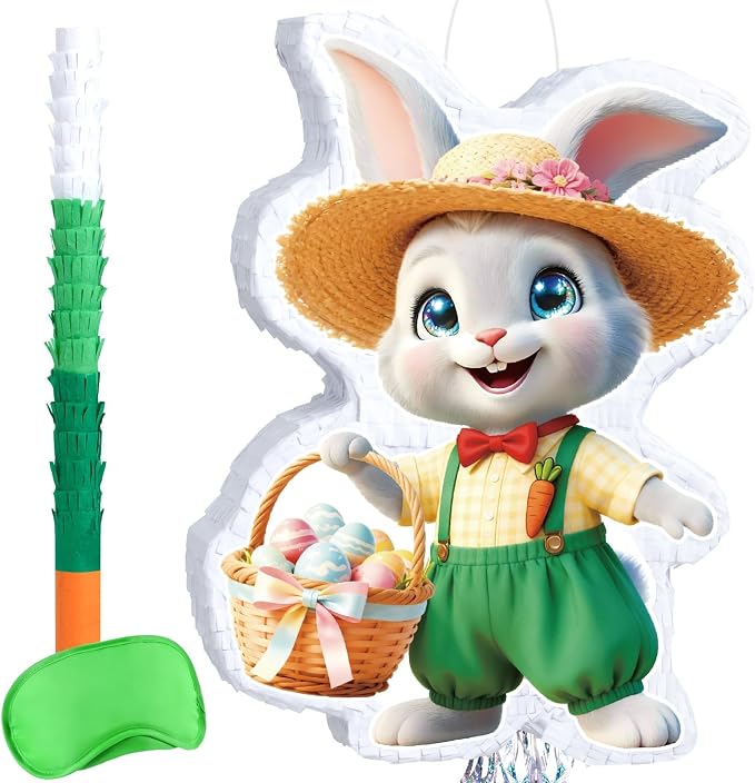 WERNNSAI Easter Bunny Piñata – Green Rabbit Piñata with Blindfold and Stick Spring Easter Egg Hunt Game Party Decorations Birthday Carnival Supplies