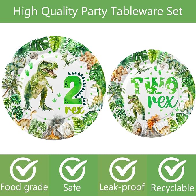 206 Pcs Dinosaur 2nd Birthday Party Supplies, Green Dino Two Rex Birthday Decorations, 20 Serves Include Paper Plates, Cups, Napkins, Tablecloth, Cake Topper, Swirls, Banner, Balloons for Boys