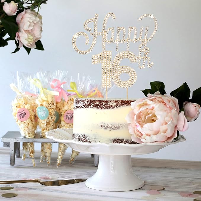 LINGTEER Happy 16th Birthday Gold Rhinestone Cake Topper - Cheers to 16th Birthday Sixteen Years Old Party Cake Centerpieces Topper Decorations Gift Sign.