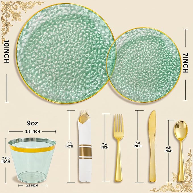 175PCS Green Plastic Plates for 25 Guests, Disposable Plates for Party, Heavy Duty Disposable Plate Set Include: 25 Dinner Plates, 25 Dessert Plates, 25 Cups and Cutlery for Wedding & Party