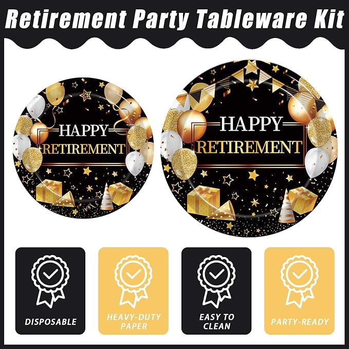 Kepeel 96 Pcs Retirement Party Plates and Napkins Set, Happy Retirement Party Supplies Decorations for Men Women Gold and Black Farewell Going Away Disposable Dinnerware Tableware Kit, Serves 24