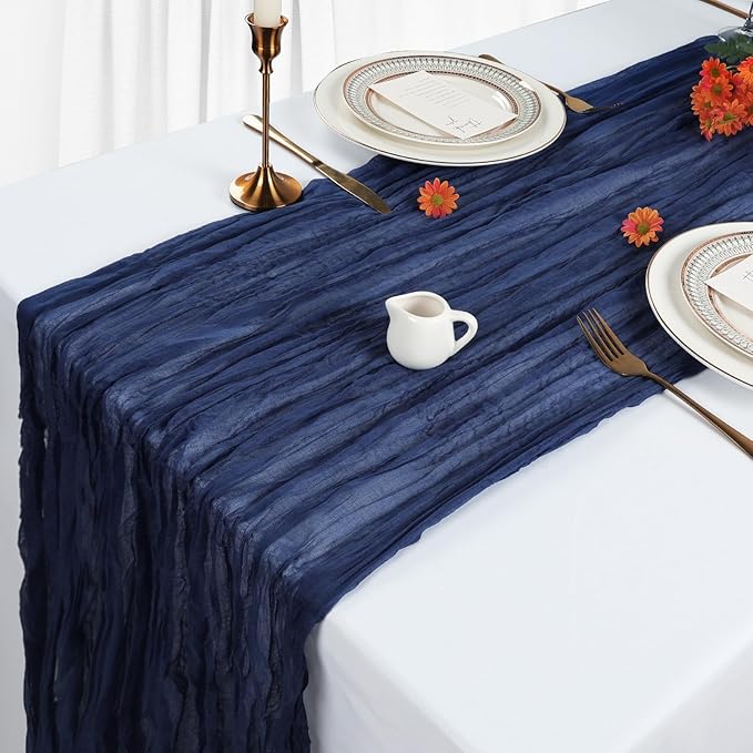 12 Pack Navy Blue Cheesecloth Table Runner 10Ft Gauze Cheese Cloth Table Runner 35x120 Inch Boho Sheer Rustic Fabric for Party Decor Baby Shower Wedding Centerpiece Home Table Decorations