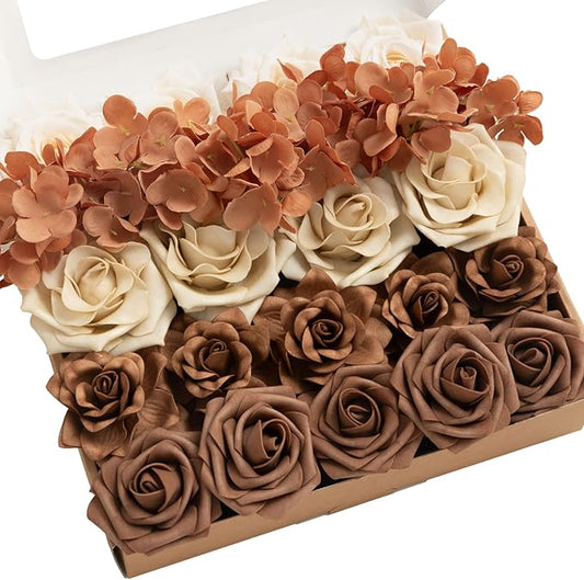 Ling's moment Artificial Flowers Fake Silk Hydrangea Faux Gardenia Foam Roses Combo for DIY Wedding Centerpieces Arrangement Bridal Shower Party Home Decoration, Earth Brown & Tawny Beige, 31pcs