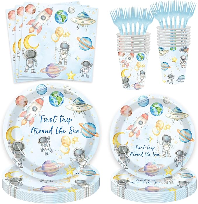 100 Pcs Outer Space 1st Birthday Party Supplies - Space First Trip Around The Sun Plates Napkins Forks Paper Cups for Space Galaxy Astronaut Theme Boys 1st Birthday Decorations(20 guests)