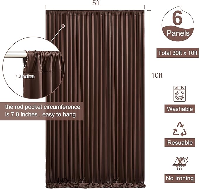 6 Panels Brown Backdrop Curtain for Parties Wedding Wrinkle Free Brown Photo Curtains Backdrop Drapes Fabric Decoration for Birthday Party Baby Shower 30ft(W) x 10ft(H)