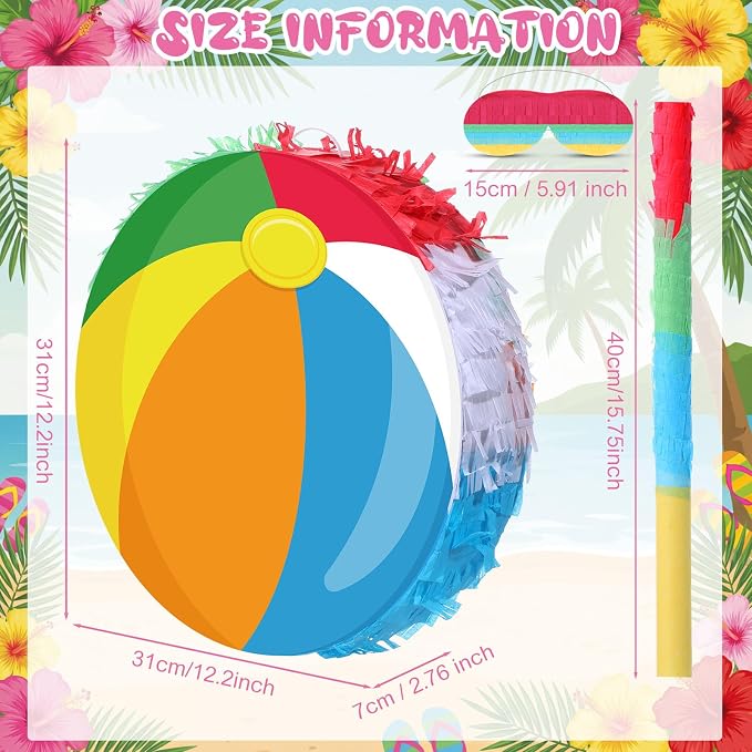 Blosssound Beach Ball Piñata Summer Pool Party Decorations Supplies Rainbow Pool Ball Piñata Set with Stick Blindfold for Hawaiian Tropical Luau Beach Theme Birthday Baby Shower Celebration Decor