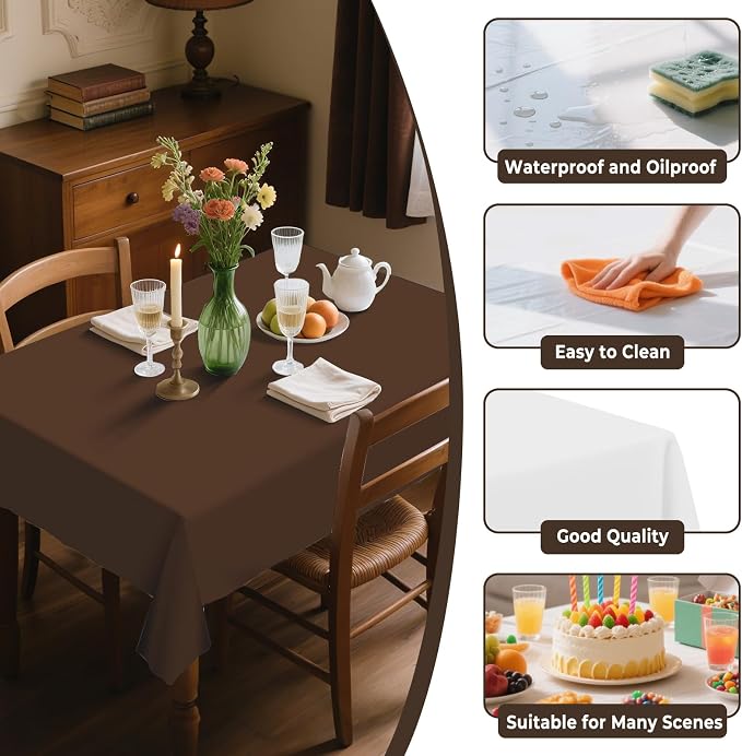 54IN X 320FT Plastic Table Cover Roll with Cutter Box, Cut to Size Plastic Table Cloths for Parties, Birthday, Disposable Tablecloth Roll for All Shape Tables (Brown, 54 Inch X 320 Feet)