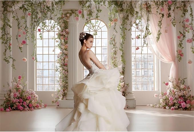 Baocicco Pink Palace Backdrops 20x10ft White and Pink Windowsills Botanical Background Princess Birthday Party Banner Supplies Wedding Ceremony Anniversary Engagement Banner Photo Booth Studio Prop