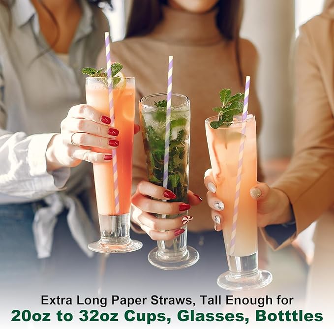 Compostable Paper Drinking Straws 10 Inch Long, for 20oz to 32oz Tumblers - Purple, Pack of 100