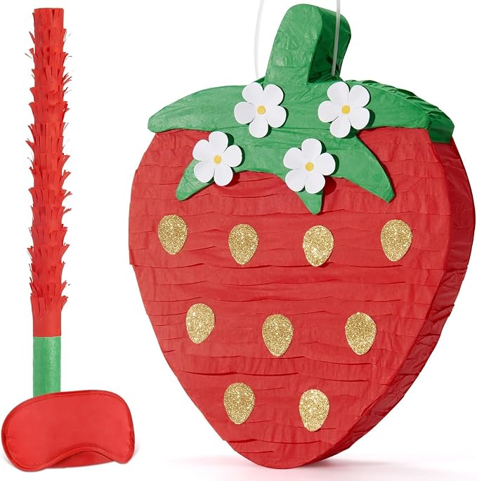 Wernnsai Red Strawberry Piñata For Kids - Strawberry Baby Shower Piñata Strawberry Birthday Party Decorations Summer Fruit Themed Party Game Supplies With Bat Blindfold 16.5" × 11.6" ×3"