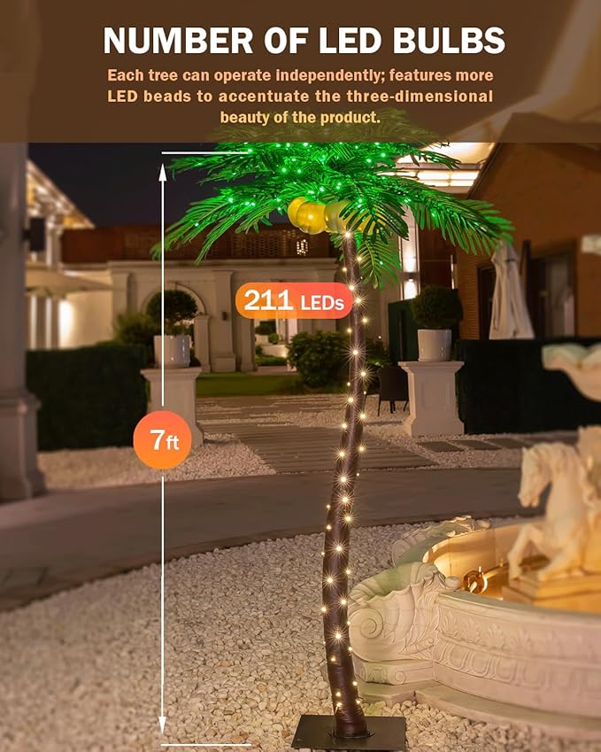TYBEEU 7ft Lighted Palm Tree with 208 LED Lights & Glowing Coconuts, Dimmable, Decorative Artificial Tree for Indoor & Outdoor Use, Perfect for Home, Garden, Patio, Summer, Tropical Party & Holiday