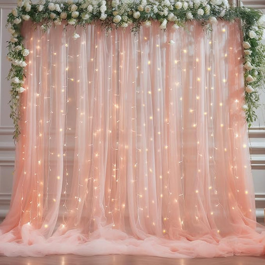 10x8ft Peach Tulle Backdrop Curtain with Lights String for Parites, Sheer Photo Backdrop Curtains with Lights for Wedding Backdrop Ceremony Reception Bridal Shower Baby Shower Birthday Party