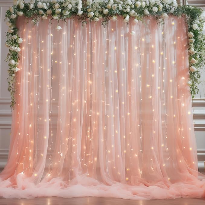 10x8ft Peach Tulle Backdrop Curtain with Lights String for Parites, Sheer Photo Backdrop Curtains with Lights for Wedding Backdrop Ceremony Reception Bridal Shower Baby Shower Birthday Party