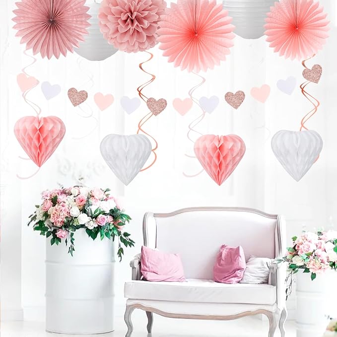 Blush-Light Pink Valentines-Day Galentines Party-Decorations - 22pcs Rose Gold Be Mine Love Banner,White Paper Lanterns Honeycomb Balls,Tissue Pom Poms Flowers Fans,Happy Anniversary Decor Hugmoon