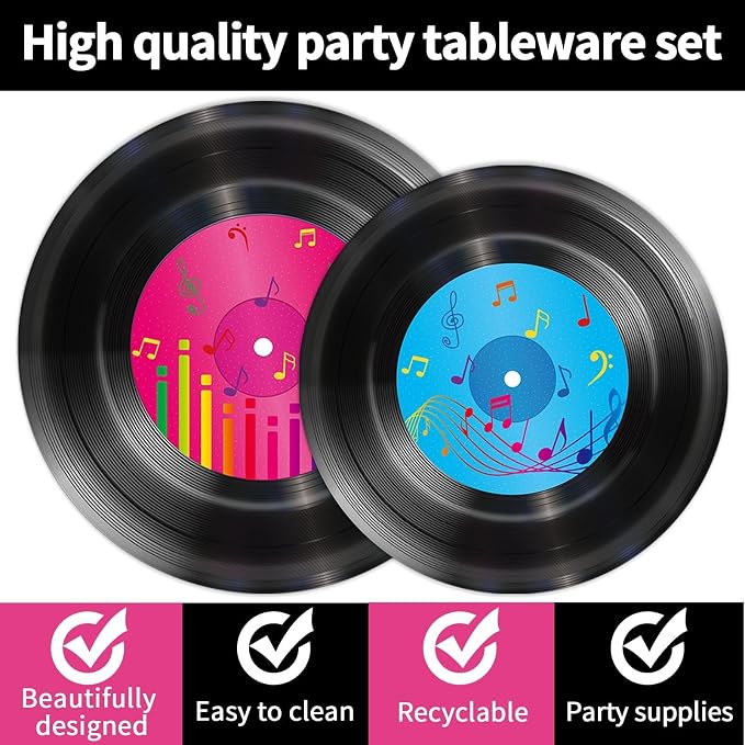200 PCS Vinyl Record Tableware Disposable for 1950's Rock Music Party Supplies Back to 50s Rock Dinnerware Set Dessert Paper Plates Napkins Forks 50's Theme Party Retro Decorations Serve 50 guest