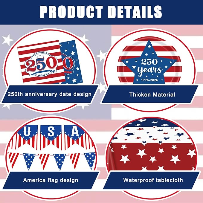 250th Anniversary USA Merchandise, 4th of July Decorations, Patriotic Party Supplies for Independence Day, Tablecloth, Plates, Napkins, Cups, Banner for 4th of July, 24 Guests