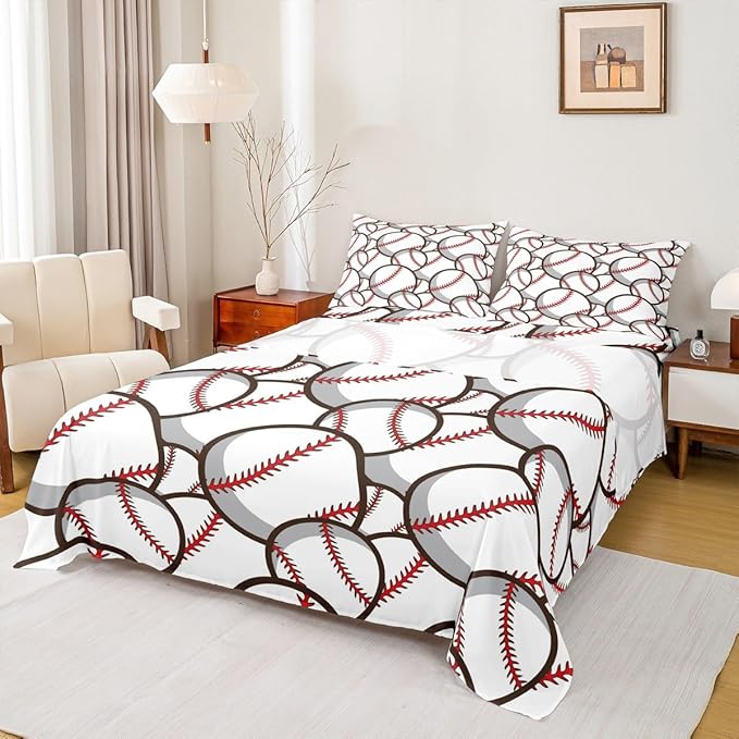Castle Fairy Baseball Fitted Sheet Set King Size 4 Pcs,3D Baseball Boys Young Man Ball Sports Game,Bedding Sets (1 Fitted,1 Flat,2 Pillowcases) Luxury Deep Pocket Bed Sheets