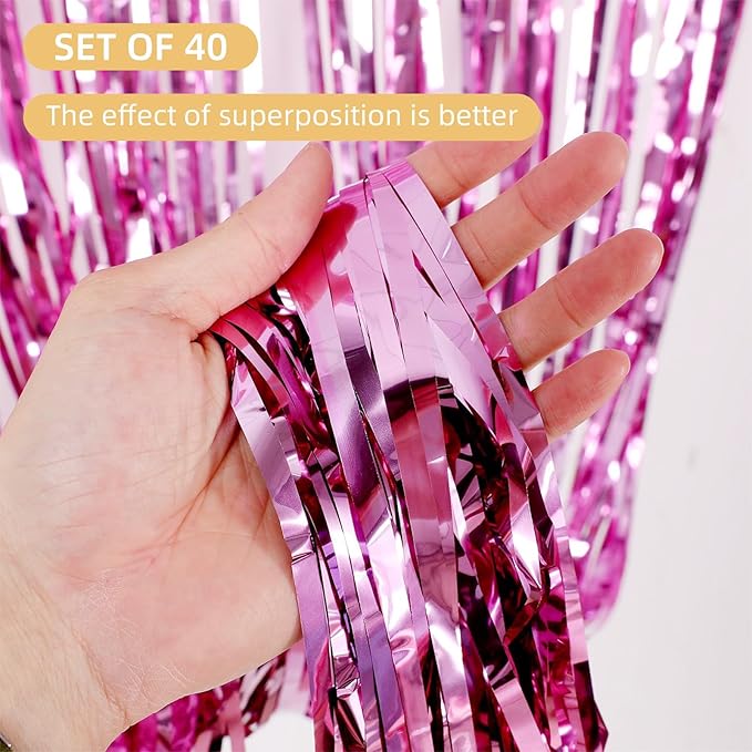 40 Pack Pink Foil Curtain Backdrop Metallic Tinsel Foil Fringe Curtains Photo Booth Props for Birthday Party Decoration Christmas Holiday Halloween New Year Party Supply, Pink