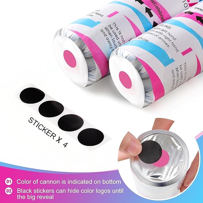 Gender Reveal Cannons - Girl Surprise! Set of 4 Biodegradable Confetti, 12 Inches Pink Confetti Cannon, Easy to Use Indoor & Outdoor Gender Reveal Cannon with Matching Stickers