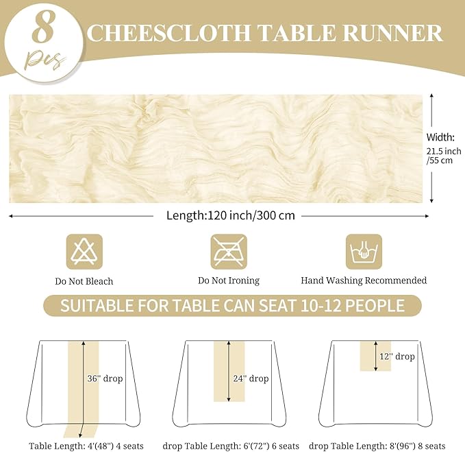 8 Pack 10Ft Cheesecloth Table Runner Ivory, 20 x 120 Inch Rustic Gauze Boho Cheese Cloth Wedding Long Table Runner for Wedding Party Bridal Shower Decoration