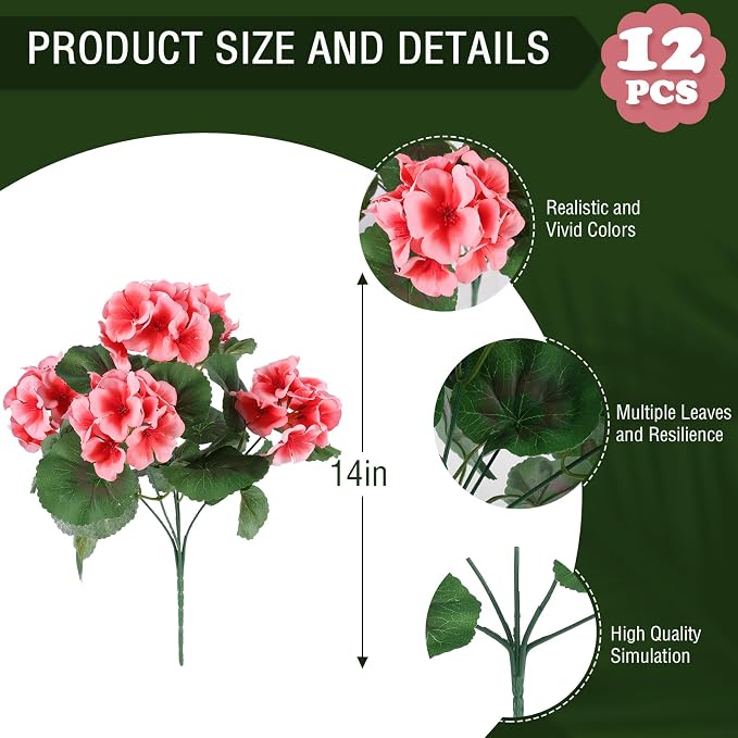 Hananona 12 Pcs Artificial Geranium Flowers for Outdoors Geranium Silk Flowers Outdoor UV Resistant Garden Plants Faux Flowers for Home Kitchen Table Centerpieces Decor (12, Peach)