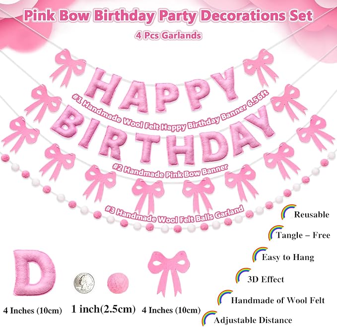 Pre-Strung Pink Bow Birthday Decorations, Reusable Coquette Party Decorations with Wool Felt Happy Birthday Banner, Bow and Felt Ball Garland for Girls Women Baby Shower Pink Bow Theme Decor