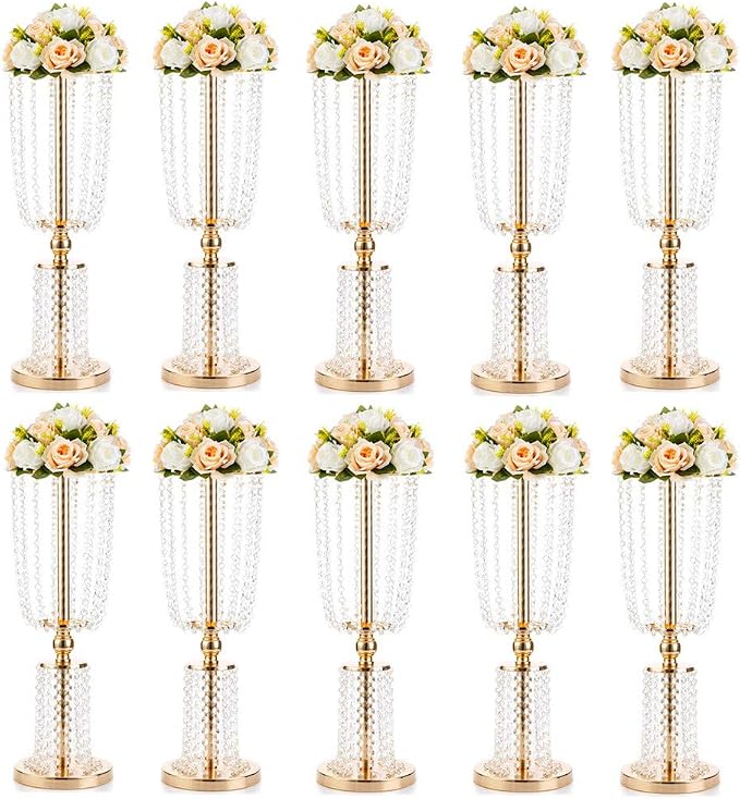 NUPTIO 10 Pcs 23.75 inches Gold Vases for Centerpieces Tall Crystal Metal Vase Flower Stand Holders Wedding Centerpiece Chandelier for Reception Tables Wedding Supplies