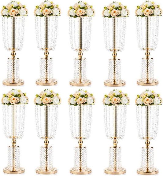 NUPTIO 10 Pcs 23.75 inches Gold Vases for Centerpieces Tall Crystal Metal Vase Flower Stand Holders Wedding Centerpiece Chandelier for Reception Tables Wedding Supplies