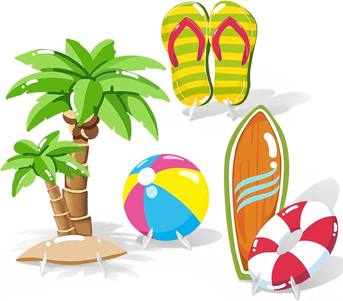4 Pcs Large Summer Party Decorations, Hawaiian Yard Signs with Stakes Flip Flops Beach Ball Surfboard Palm Tree Cardboard Cutouts for Tropical Birthday Baby Shower Indoor Outdoor Photo Prop