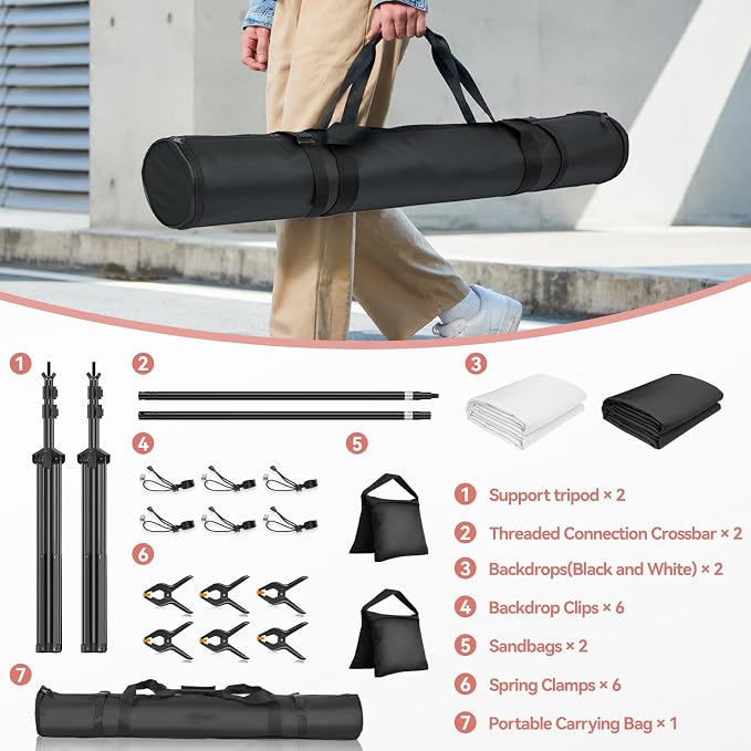 7 x 10 FT Photo Video Studio Backdrop Stand Kit, Photography Background Support System with 6.5 x 10FT Black, White Backdrop, Clamps, Sandbags and Carry Bag for Photoshoot, Portrait