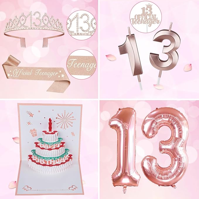 13th Birthday Decorations for Girls, Including 13th Birthday Sash and Tiara, Cake Topper and Candles, Number Balloons, 3D Pop Up Greeting Card, Teen Girl Gifts for 13 Year Old