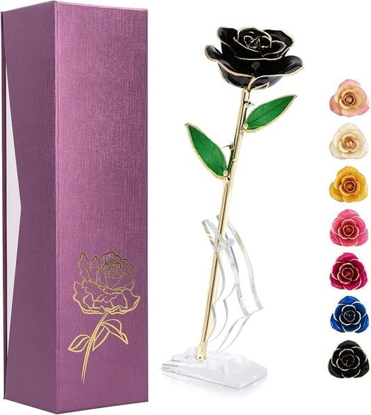 24K Gold Dipped Black Rose Long Stem Forever Preserved Rose Flowers, Christmas Day Valentine's Day Anniversary Birthday for Her Women Wife Mother Girlfriend, Black Rose with Stand