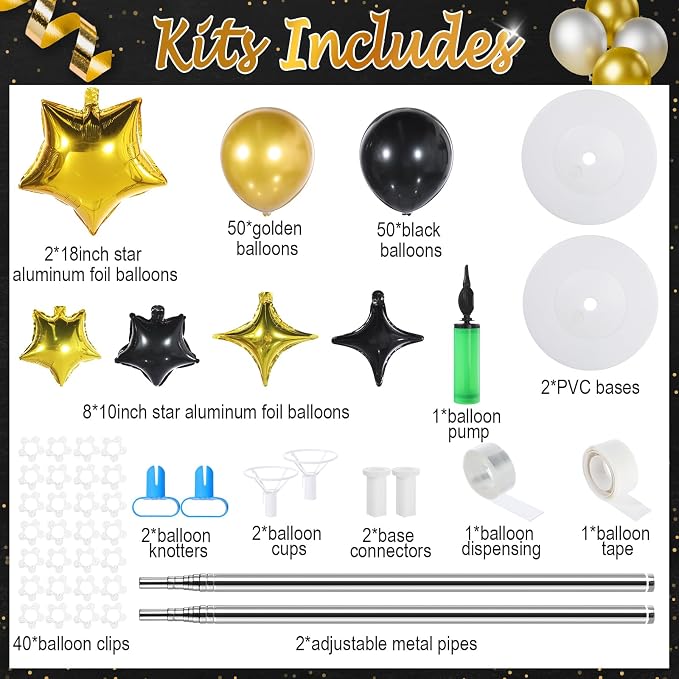 Gejoy 110 Pcs Black Gold Balloons Column Stand Kit Adjustable Tower Stand from 1.4 to 6.6 ft with Bases for Back to School Wedding Birthday Baby Shower Party