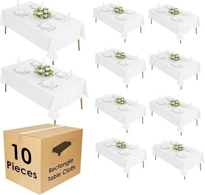 10 Pack 90 x 156 Inch White Rectangle Tablecloth, Polyester Fabric Washable Table Cloth for Home, Party, Wedding or Restaurant Use.